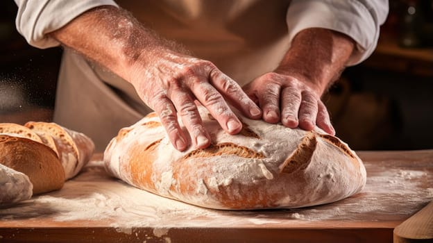 Baker's hands make Fresh aromatic bread with flour and dough on a wooden cutting board and wheat. Fresh classic pastries. Delicious food concept, private bakery, small business, self-employed, small business in the city, cozy place for communication