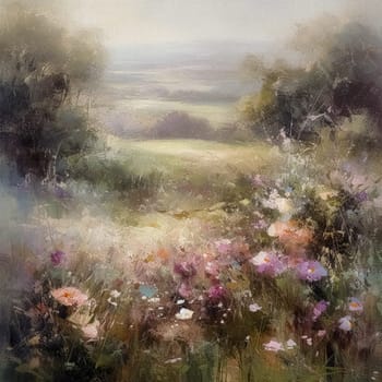 Oil style fine art painting of the English countryside, depicting romantic floral meadow, flowers field in soft pastel colours, evoking a sense of tranquility and natural beauty, printable art design