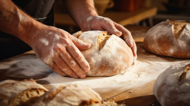 Baker's hands make Fresh aromatic bread with flour and dough on a wooden cutting board and wheat. Fresh classic pastries. Delicious food concept, private bakery, small business, self-employed, small business in the city, cozy place for communication