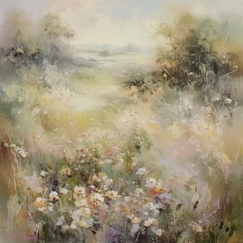 Oil style fine art painting of the English countryside, depicting romantic floral meadow, flowers field in soft pastel colours, evoking a sense of tranquility and natural beauty, printable art design