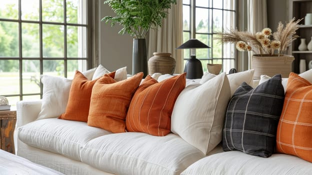 Sofa with terracotta and beige pillows close-up in the living room.