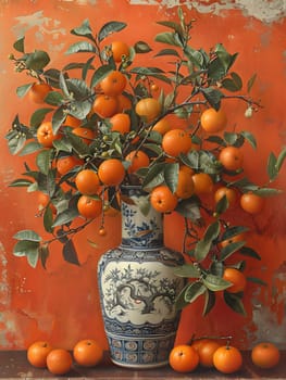 A citrusthemed display featuring a blue and white vase filled with various oranges including Rangpur, Clementine, Tangerine, and Bitter orange, placed in front of an orange wall