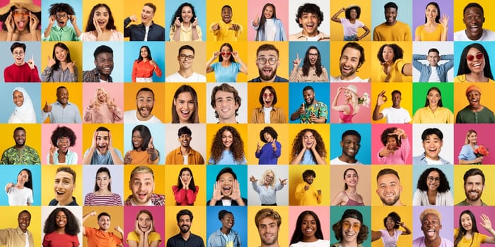 A vibrant and cheerful display of portraits, featuring people of various ethnic backgrounds smiling against colorful backdrops