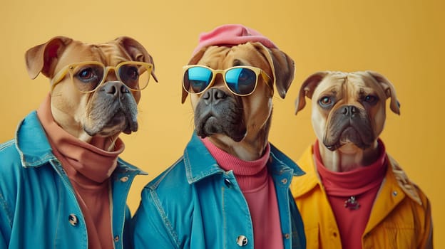 Three dogs, possibly from the Sporting Group breed, wearing sunglasses and jackets, stand together. This adorable scene could be a piece of art featuring companion dogs in fawn colors