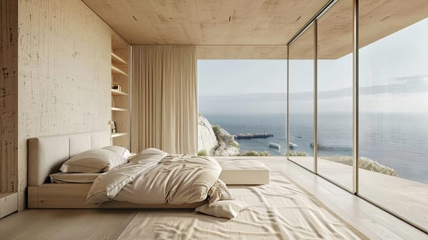 Minimalist bedroom interior with ocean sea view. Modern coastal interior. Summer, travel, vacation, dreams holiday, resort...