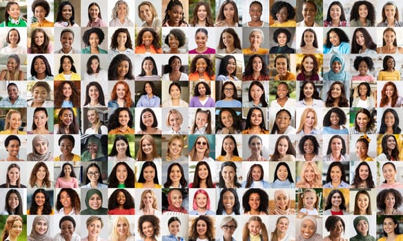 A vibrant portrait collage showcasing the diversity among women. Each image celebrates the unique features and diverse beauty of its subject