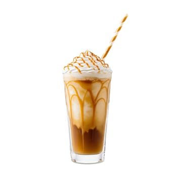 A glass of ice cream with a straw in it. The ice cream is topped with whipped cream and caramel sauce
