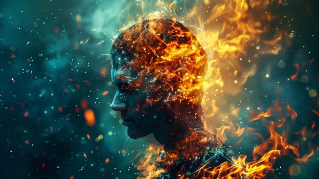 Double exposure portrait profile of fire man, nature, element concept