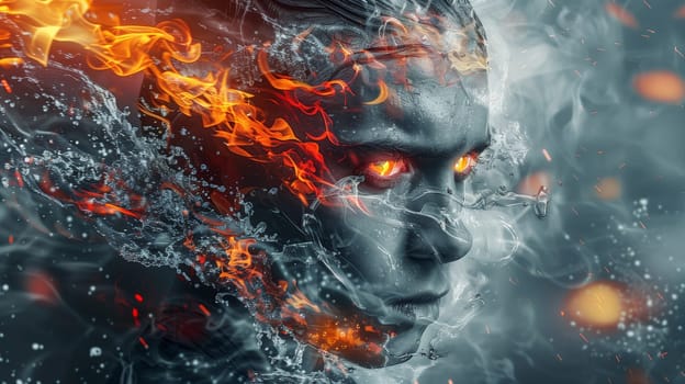 Double exposure portrait profile of water fire man with water, nature, element concept