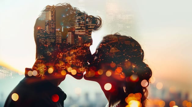 Double exposure portrait profile of kissing couple, woman and man, relationship concept. City lights