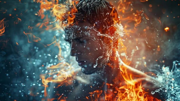 Double exposure portrait profile of water fire man with water, nature, element concept