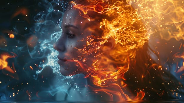 Double exposure portrait profile of fire woman, nature, element concept