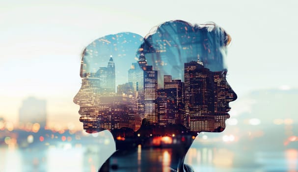 Double exposure portrait profile of calm thoughtful couple, woman and man, relationship concept. City lights