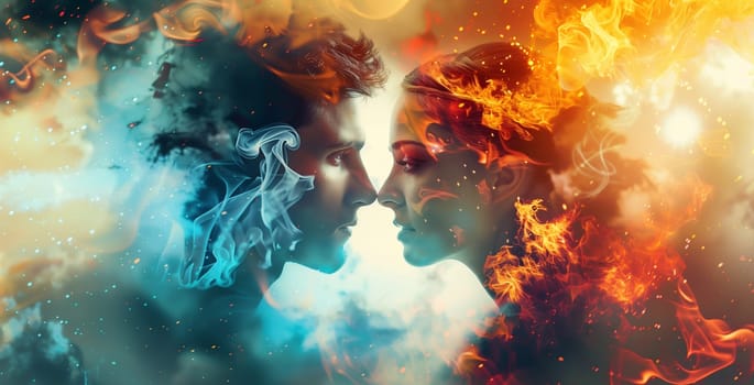 Double exposure portrait profile of kissing couple, woman and man with fire and water element, relationship concept