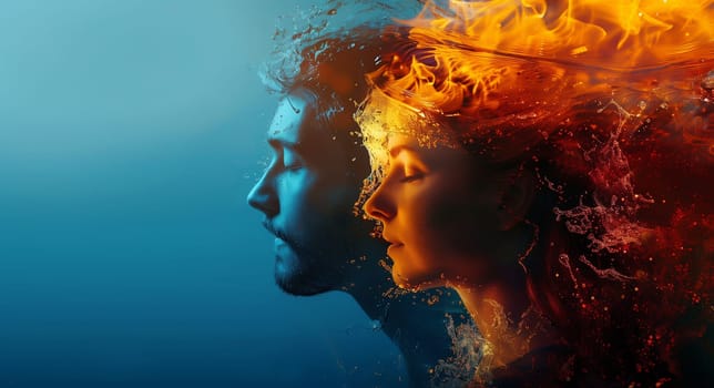 Double exposure portrait profile of kissing couple, woman and man with fire and water element, relationship concept