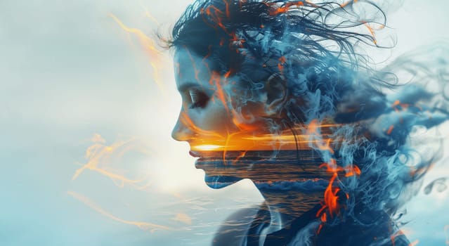 Double exposure portrait profile of calm thoughtful young woman with element water style, sea waves, inspiration, nature concept