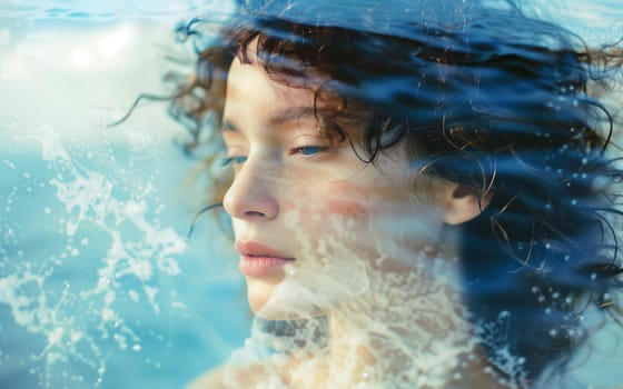 Double exposure portrait profile of calm thoughtful young woman with element water style, sea waves, inspiration, nature concept