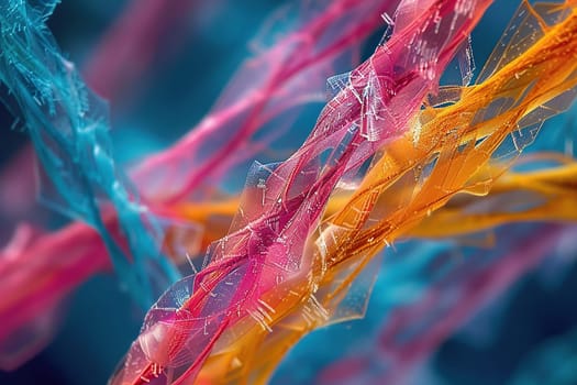 Macro image of a colored rope under a microscope. Horizontal macro background.