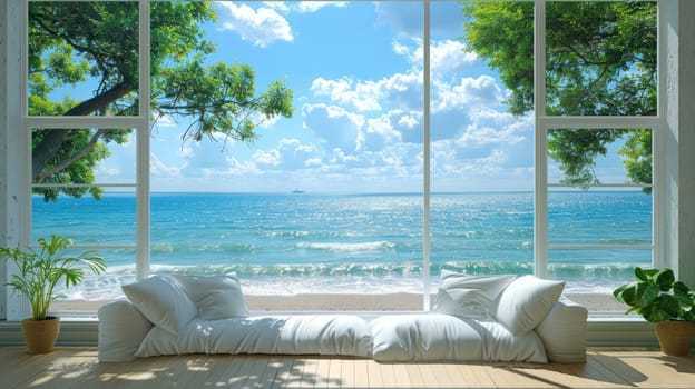 Bedroom with white bedding and big window close to the sea.