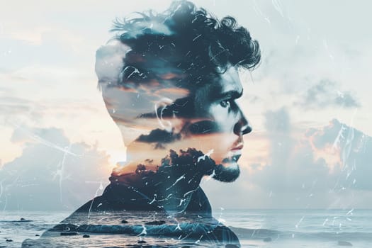 Double exposure portrait profile of calm thoughtful bearded man on sea coast with waves, inspiration, nature concept