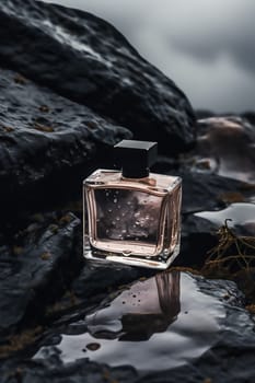 Modern glass men perfume bottle among black rocks in the rain, fragrance and perfumery idea, post-processed, generative ai