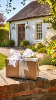Elegant gift shop delivery, postal service and luxury online shopping, parcel box with a bow on a house doorstep in the countryside, post-processed, generative ai