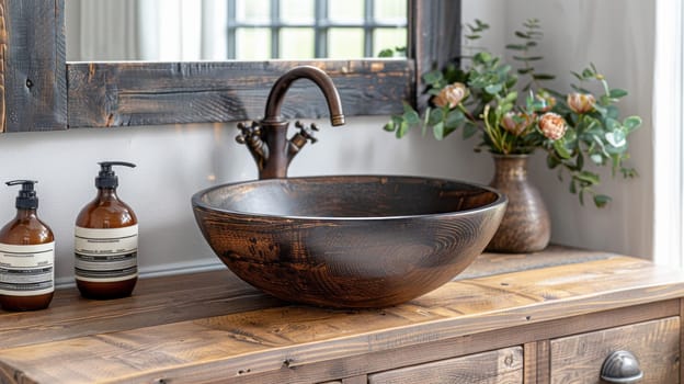 Stylish vessel sink and faucet on wooden countertop. Interior design of modern bathroom.