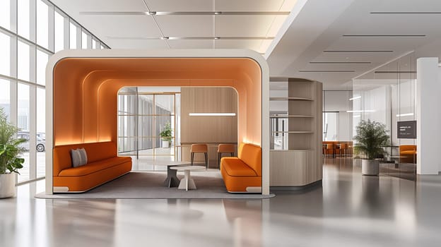 A sophisticated office lounge boasts sleek orange sofas, wooden accents, and a bright, airy environment, creating a comfortable space for informal meetings or brief rests - Generative AI