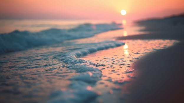Sunset casts a warm glow over the water, where gentle waves lap against the sandy shore, capturing the essence of a tranquil summer evening - Generative AI