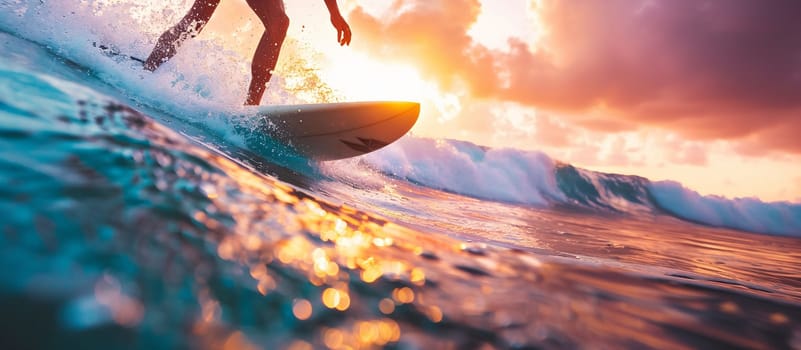 A surfer rides a wave at sunset, the sun casting a golden glow over the water - Generative AI