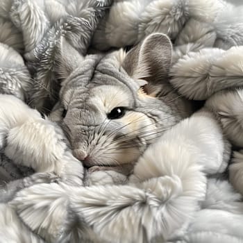 A Felidae with fawn fur and whiskers is laying on a pile of yarn. The closeup reveals its small to mediumsized cat snout, wool pattern, and fluffy fur