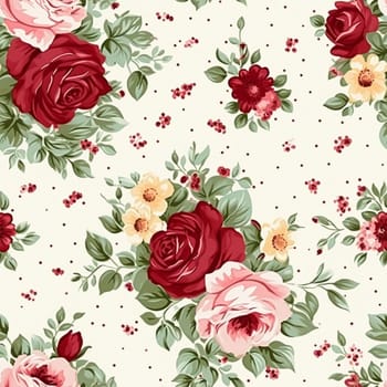 Seamless pattern, tileable floral country holiday print with roses, dots and flowers for wallpaper, wrapping paper, scrapbook, fabric and polka dot roses product design idea