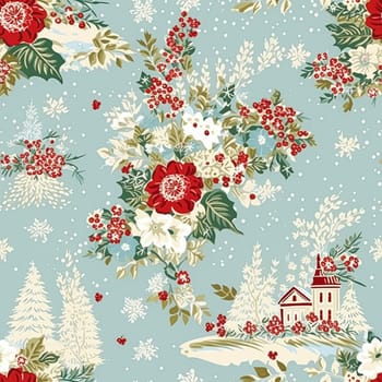 Seamless pattern, tileable Christmas holiday country house, floral dots print, English countryside for wallpaper, wrapping paper, scrapbook, fabric and product design motif