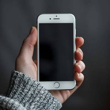 A person is holding a mobile phone, using their thumb to interact with the portable communications device. The grey gadget is a key tool for telephony and communication