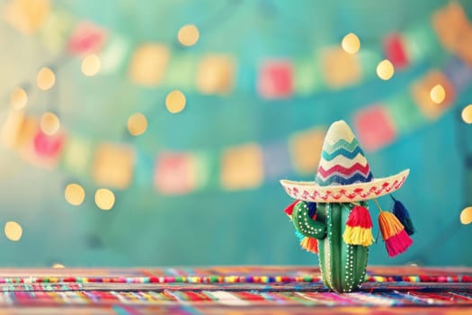 A colorful cactus wearing a sombrero is sitting on a wooden table.