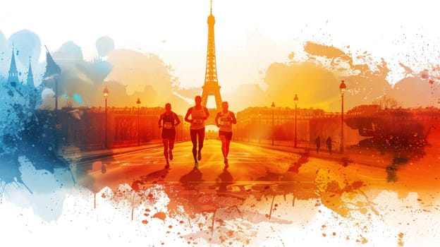 Three runners are running in front of the Eiffel Tower.