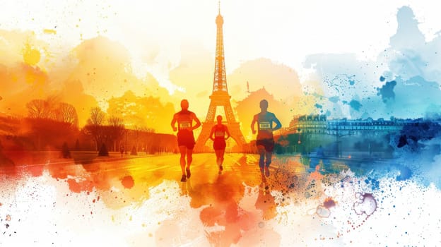 Three runners are running in front of the Eiffel Tower.