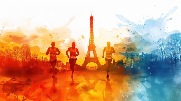 Three runners are running in front of the Eiffel Tower. The image is a colorful and vibrant depiction of the city of Paris