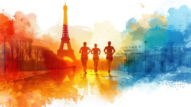 Three runners are running in front of the Eiffel Tower.