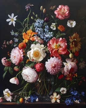 A creative arts painting of a flower arrangement featuring flowers in a vase on a table, showcasing the beauty of flowering plants from the rose family