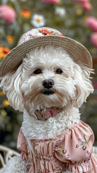 A toy dog breed, the small white canine with a snout and fur, wearing a hat and pink dress, resembles a statue. Known as a companion dog, it belongs to the Carnivore family Canidae