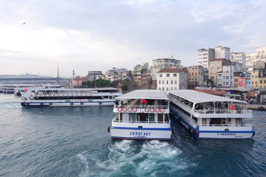 Turkey istanbul 18 july 2023. Transport ferry in the Bosphorus. Ferryboat carries passengers.