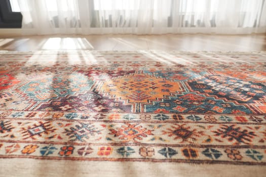 A patterned rug rests on the flooring beside a mirror.