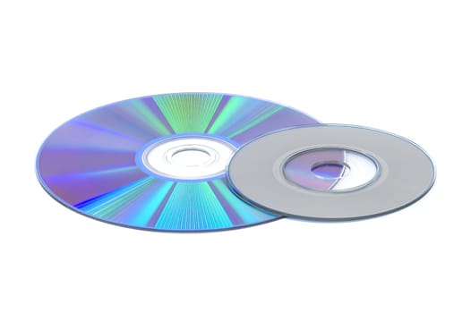Close up of a CD positioned flat on a plain white background. The CD's reflective surface showcasing the intricate spiral track pattern that represents data storage