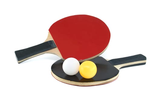 Pair of table tennis rackets and a table tennis balls isolated on white background, table tennis equipment