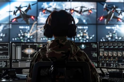 Soldier Command operating at control panel in monitoring war room on war base. Generative AI.