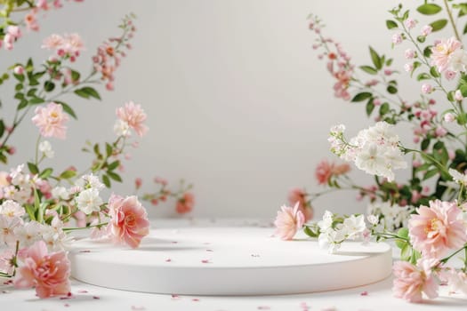 A white pedestal with a background and flowers on it. podium for mockup. ai generative.