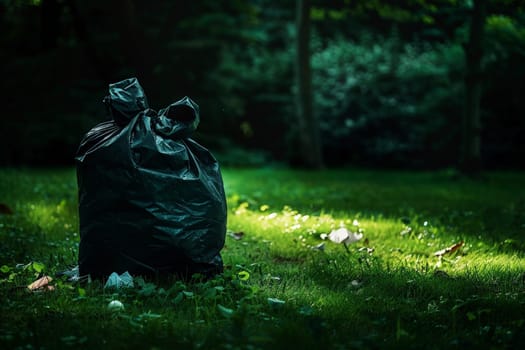 A black trash bag is sitting on the grass in a park.ai generative.