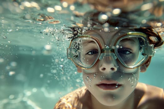 A young boy is swimming in a pool wearing goggles.ai generative.