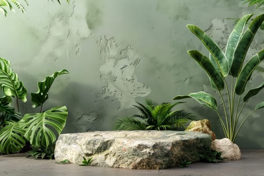 A stone pedestal with a green background and plants. stone podium for mockup.aigenerative.